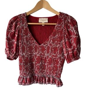 Cleobella Bella Red/Lavender Floral Ruched Bodice & Puffed Sleeve Top Size XS